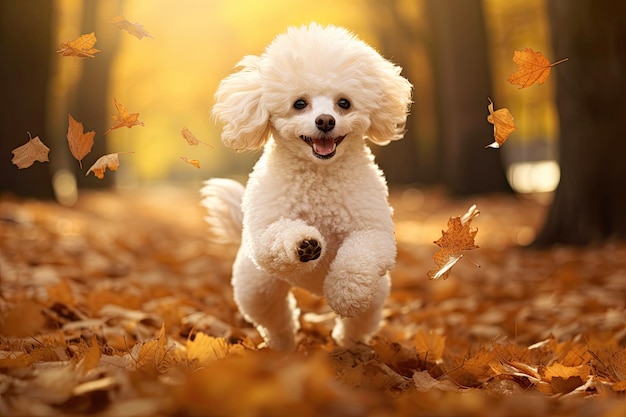 Caniche divertido jugando con hojas en el parque de otoño