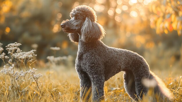 caniche estándar de pie bajo el sol caliente