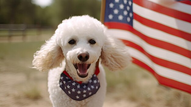 Foto caniche feliz con la bandera de ee. uu. el 4 de julio con tecnología de ia generativa