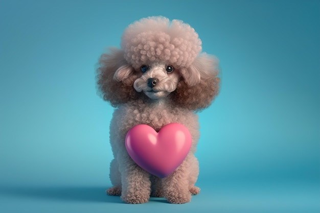 Caniche con un globo en forma de corazón sobre un fondo azul IA generativa