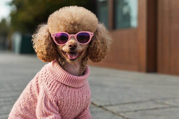 Un caniche de juguete con gafas de sol rosas y un suéter rosado