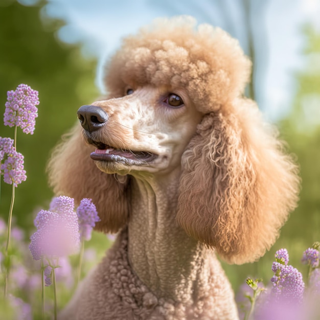 Caniche de juguete realista sobre un deslumbrante fondo natural al aire libre