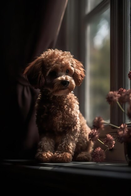 Un caniche en miniatura sentado junto a la ventana.