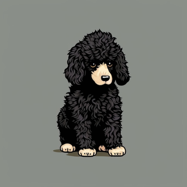 Foto caniche negro de estilo de dibujos animados de 8 bits sentado sobre fondo gris