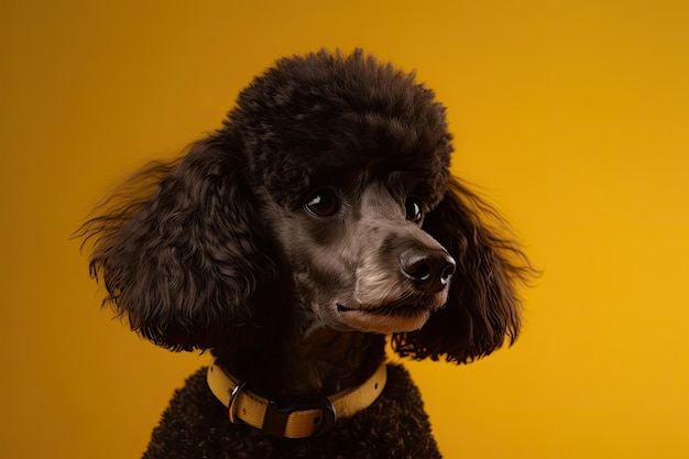 Un caniche negro con un fondo amarillo.