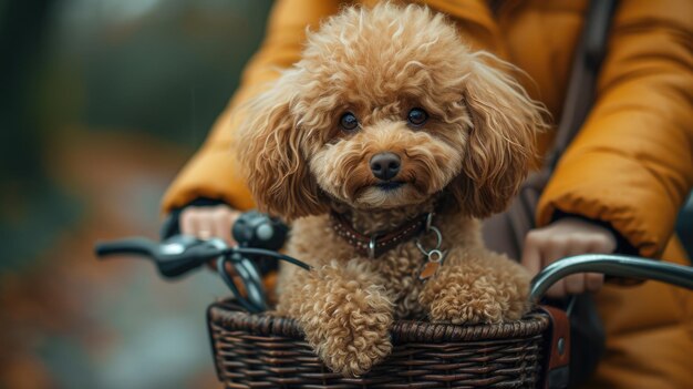 Foto un caniche de otoño en una canasta de bicicleta rodeado de hojas de oro