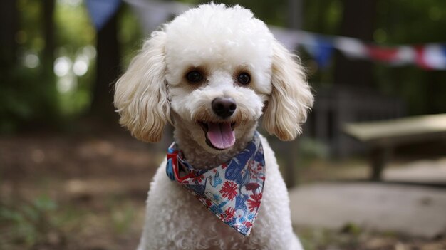 Un caniche con un pañuelo que dice "perro"