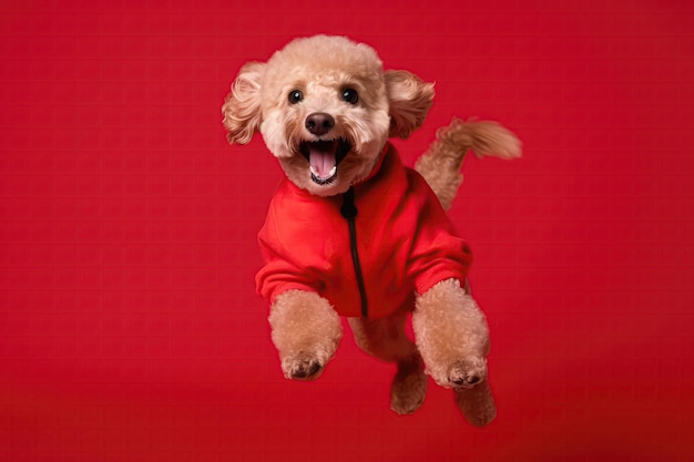 Caniche de perro alegre muy feliz saltando en vuelo sobre fondo rojo claro estudio de gran angular de cuerpo completo AI generativo de fotos
