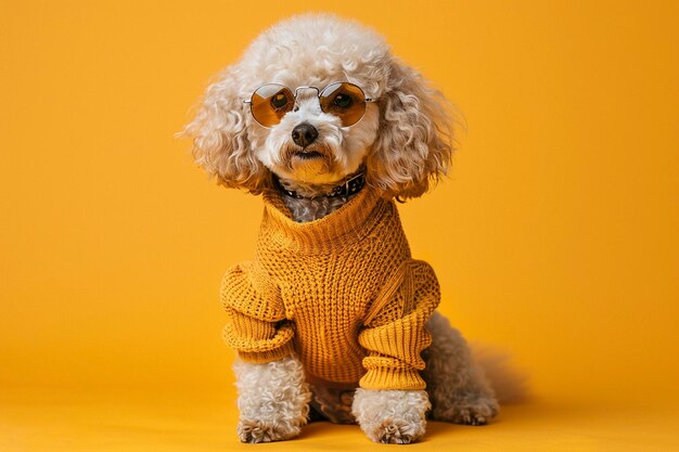 Caniche con ropa y gafas de sol en fondo amarillo