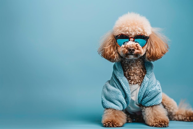 Caniche con ropa y gafas de sol en fondo azul