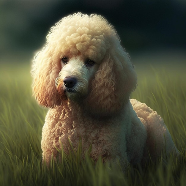 Un caniche sentado en un campo con un fondo borroso.