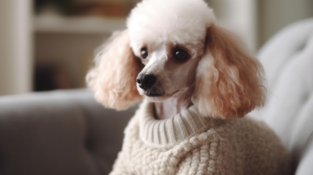 Un caniche con un suéter se sienta en un sofá.