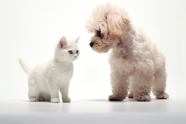 el caniche toy y el gatito se encuentran en un fondo blanco de estilo fotográfico con generar Ai