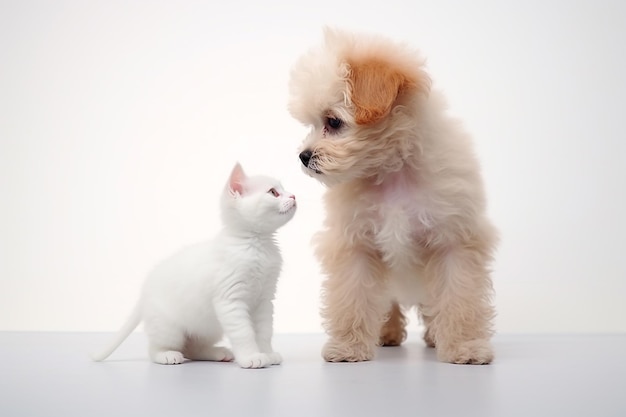 el caniche toy y el gatito se encuentran en un fondo blanco de estilo fotográfico con generar Ai