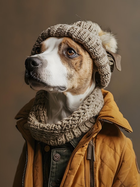 Foto un canídeo con una cómoda bufanda de sombrero y chaqueta un perro de compañía de moda