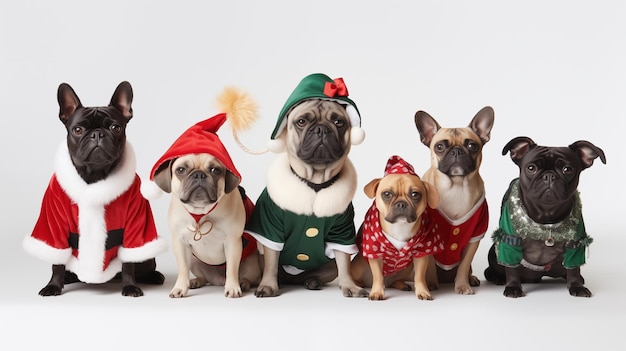 Canina moda festivaCães adornados com chapéus e roupas comemorando alegremente a época de Natal