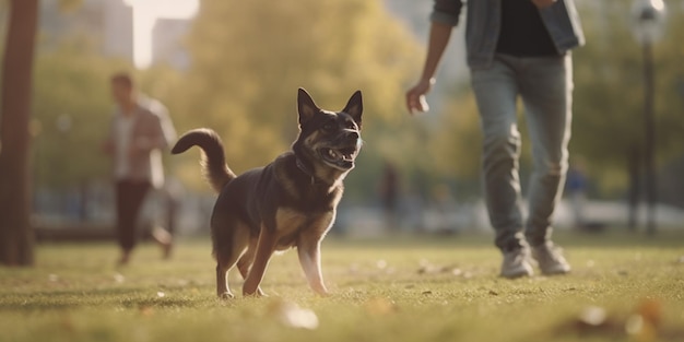 Canine Playtime Dog e proprietário perseguindo bola no parque