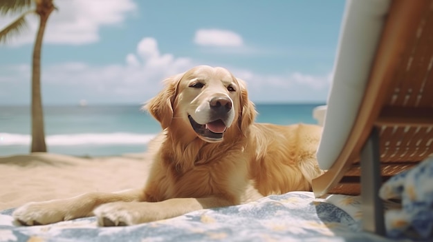 Canino Brilliant Retriever está em férias de verão em um resort à beira-mar e relaxando na costa de verão do Havaí Recursos criativos gerados por IA