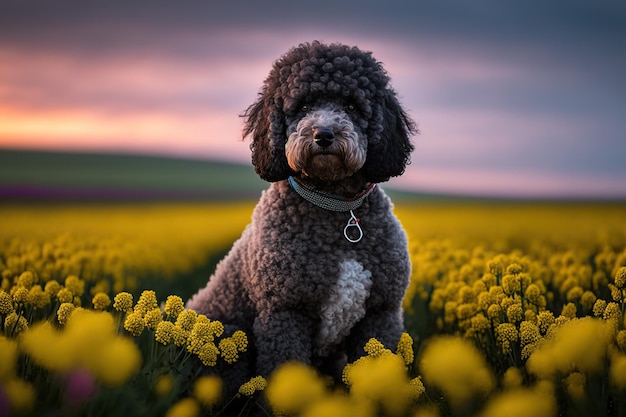 Canino caniche de pura raza espera pacientemente su próxima aventura en medio de la vasta extensión de un exuberante prado respirando el aire fresco y tomando el sol generado por Ai