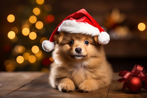 Canino encantador com AI de chapéu de Papai Noel festivo