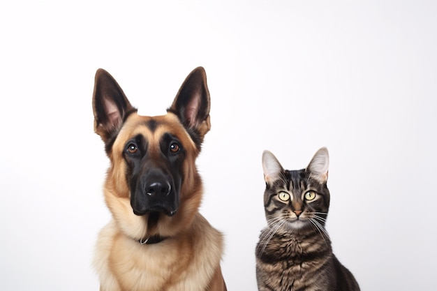 Foto un canino y un felino miran juguetón a la lente contra un telón de fondo sencillo