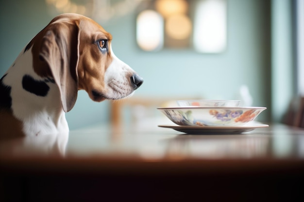 Canino mirando junto a un plato vacío