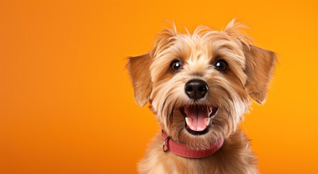 canino sonriendo en el frente de un fondo naranja