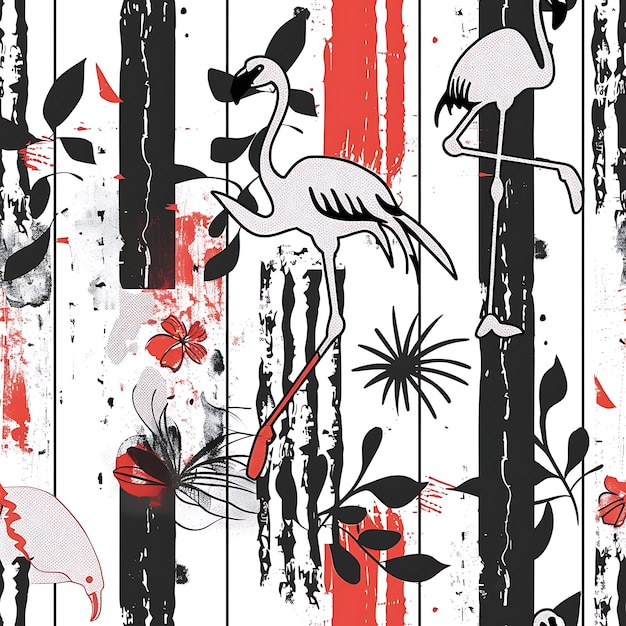 Canna com contornos de flamingo e gráficos despojados com padrão de flor azulejos tinta de tatuagem de arte sem costura