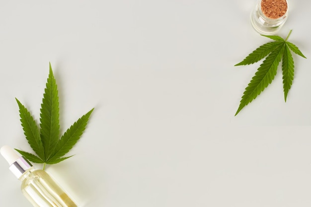 Cannabis ätherisches Öl CBD-Ölextrakt in Tropfflasche mit grünem Cannabisblatt Marihuana Medizinisches Marihuana Kräuterheilpflanze Platz für Text