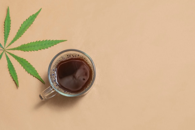 Cannabis, cânhamo, cbd ou thc com infusão de café preto sobre fundo bege neutro