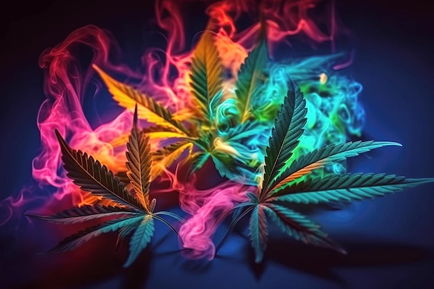 Cannabis-Ganja-Marihuana-Blätter mit Rauch und farbigem Neonlicht auf schwarzem Hintergrund, Nahaufnahme, generative KI