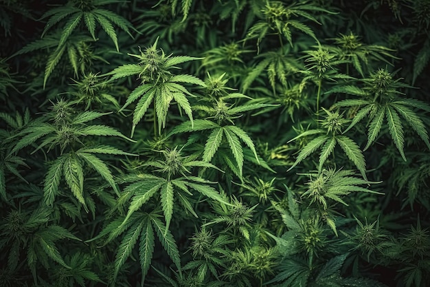 Cannabis-Hanf-Marihuana-Bürsten mit blühenden und grünen Blättern in der legalen Produktion generativer KI