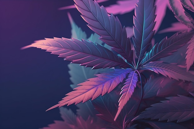 Cannabis hinterlässt Banner in Neonlicht Marihuana-Laub Generative KI