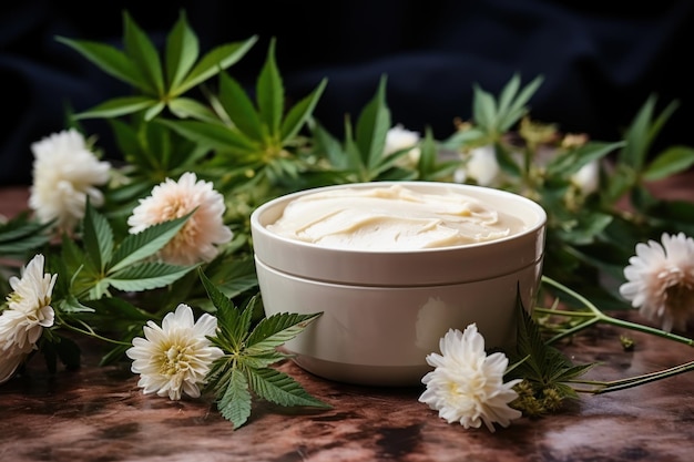 El cannabis de hoja verde se encuentra con la elegancia de mesa en tarro de crema blanca IA generativa