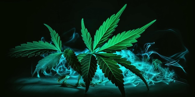 Cannabis-Marihuana-Blätter mit Neonlicht auf schwarzem, isoliertem Hintergrund, Nahaufnahme, generative KI