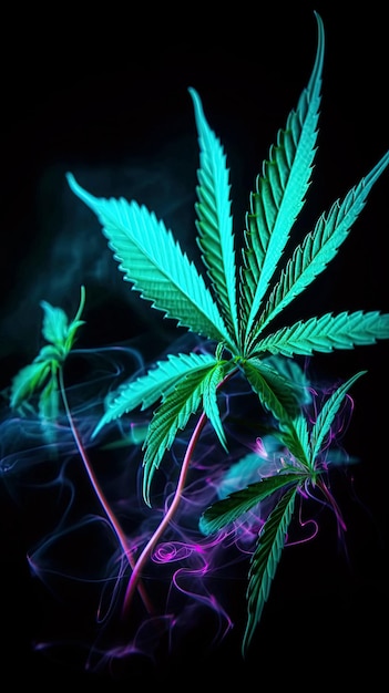 Cannabis-Marihuana-Blätter mit Rauch in farbigem Neonlicht auf schwarzem Hintergrund, Nahaufnahme, generative KI-Illustration