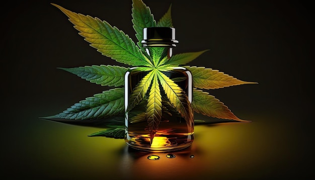 Cannabis medicinal com óleo de extrato em uma garrafa em fundo escuro Generative AI