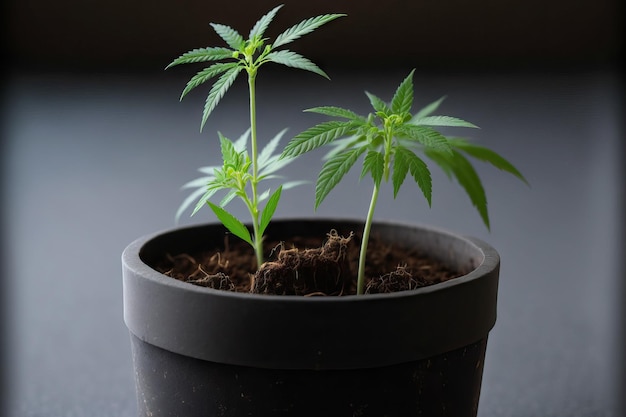 Cannabis-Pflanzensämlinge in einem Topf jung