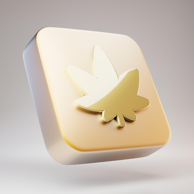 Cannabis-Symbol. Goldenes Cannabissymbol auf mattgoldener Platte. 3D-gerendertes Social Media-Symbol.