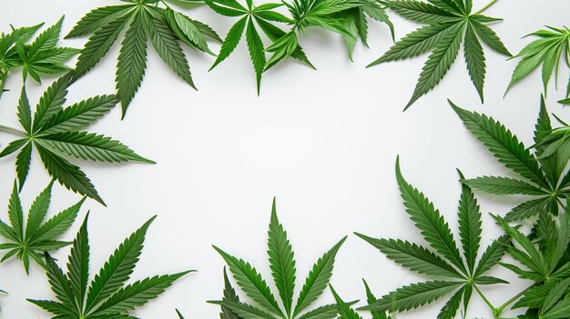 Cannabisblätter auf weißem Hintergrund Draufsicht Kopierraum