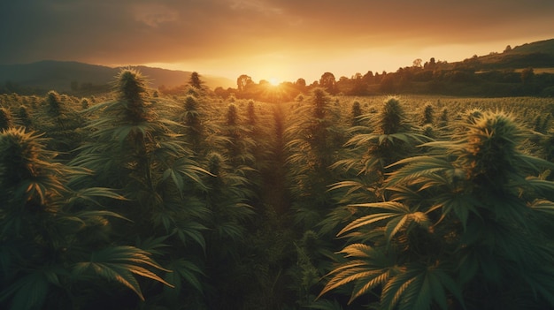 Cannabisfeld bei Sonnenuntergang Generative Ai