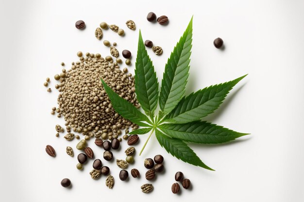 Cannabispflanze und Hanfsamen auf weißem Hintergrund