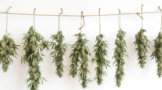 Cannabispflanzen, die auf einem weißen Hintergrund auf einem Seil auf dem Trocknen auf dem Kopf hängen