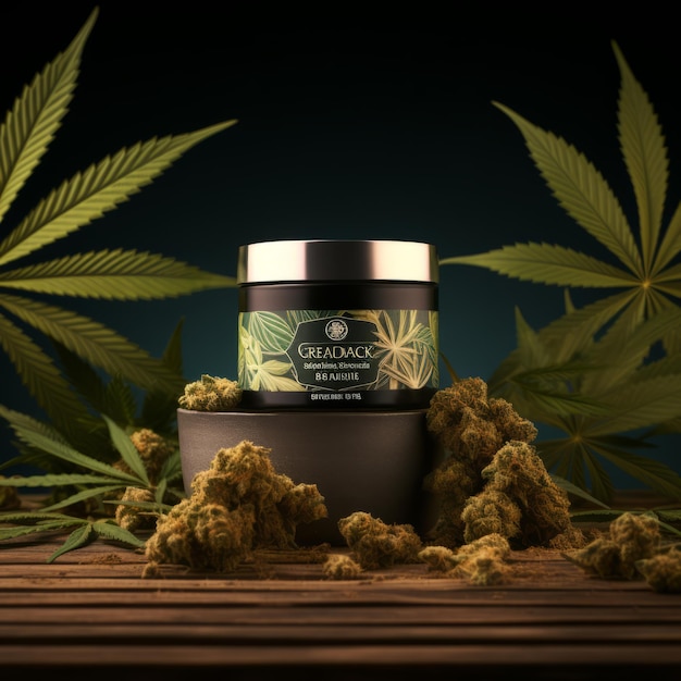 Foto cannapromo revela la revolución de las hierbas un anuncio de producto innovador con hojas de cannabis