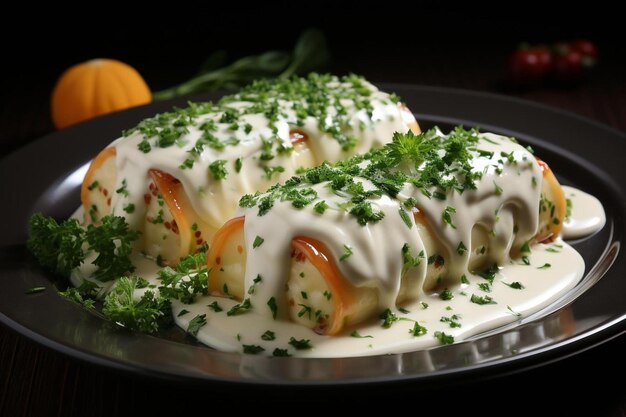 Cannelloni de lujo con salsa cremosa de Gruyere Deliciosos cannelloni fotografía de imágenes