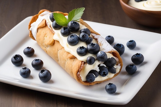 Foto cannoli com recheio de creme e mirtilos