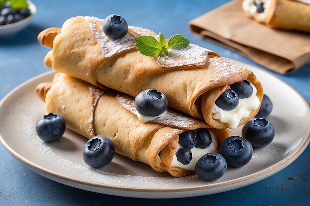 Cannoli com recheio de creme e mirtilos