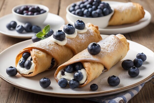 Foto cannoli com recheio de creme e mirtilos