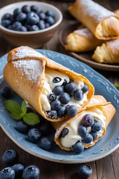 Foto cannoli com recheio de creme e mirtilos