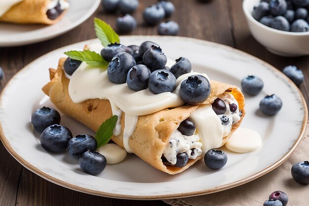 Cannoli com recheio de creme e mirtilos